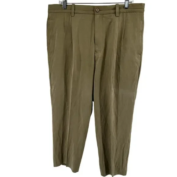 Tommy Bahama Silk Pleated Dress Pants Zip Fly Pockets Career Khaki 36x32