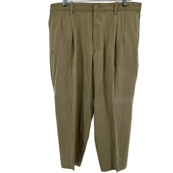 Tommy Bahama Silk Dress Pants Pleated Mid Rise Straight Leg Khaki 36x32