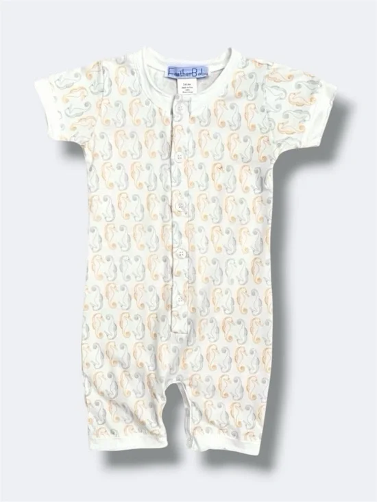 🦋3/$30 Feather Baby Romper Boys 3-6M White Seahorse Pima Cotton Henley Snap