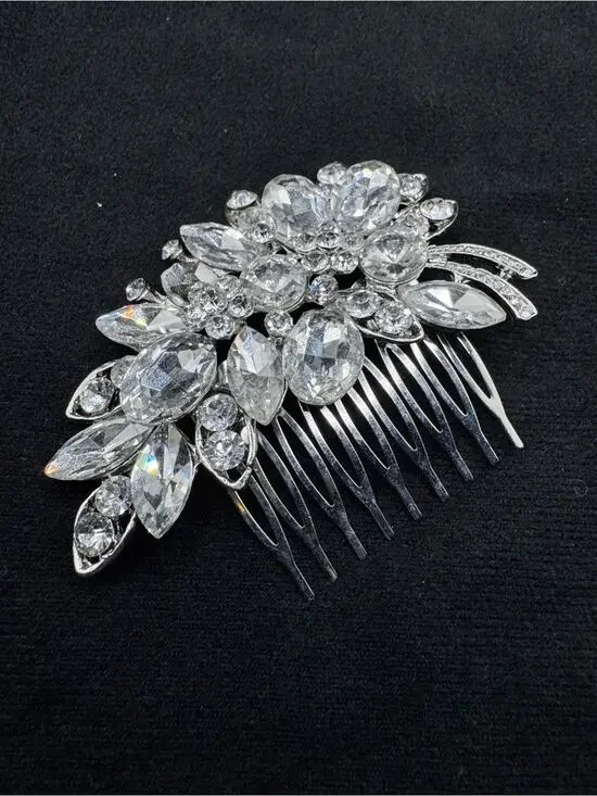 Crystal Rhinestone Bridal Prom Floral Silver Tone Elegant Hair Comb