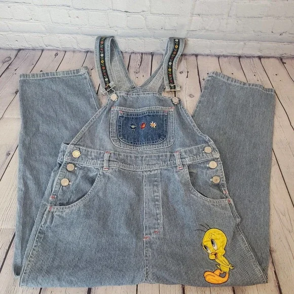 Vintage 1998 Looney Tunes Tweety Bird Denim Overalls Girls Size 10 Bibs‎ (30X21)