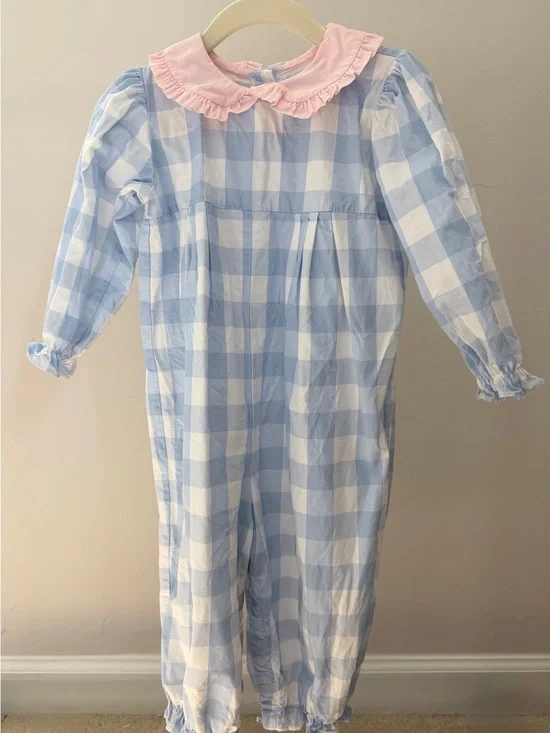 James & Lottie Blue & White Gingham Romper with Pink Ruffle Collar