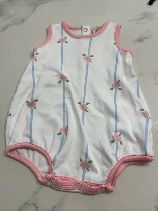 The Beaufort Bonnet Company White One-Piece with Pink Trim and Blue Stripes