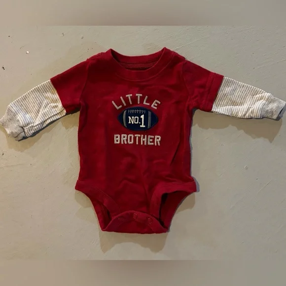 No. 1 Little Brother Football Red & White Long Sleeve Newborn Onesie