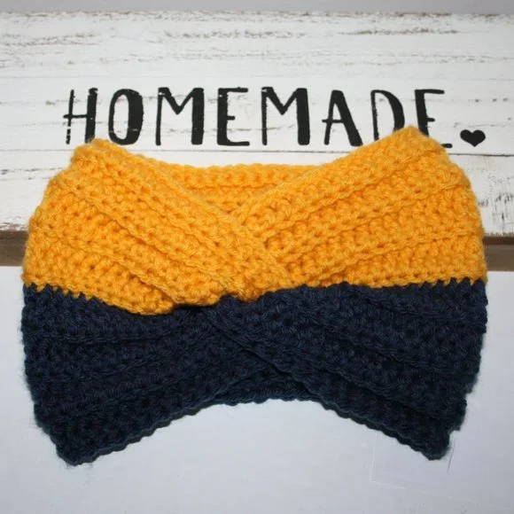 Yellow and Blue Twisted ear warmer headband crochet
