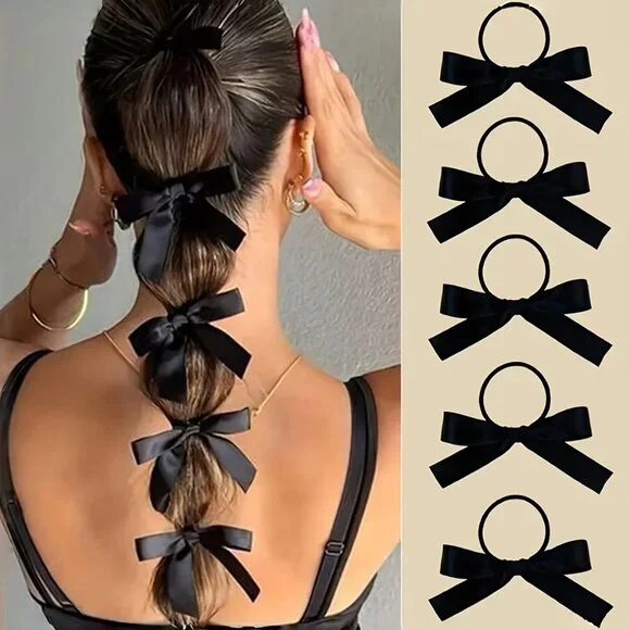 Black Bow Hair‎ Tie Set (9 Pc) | Classic Ribbon Ponytail Accessories