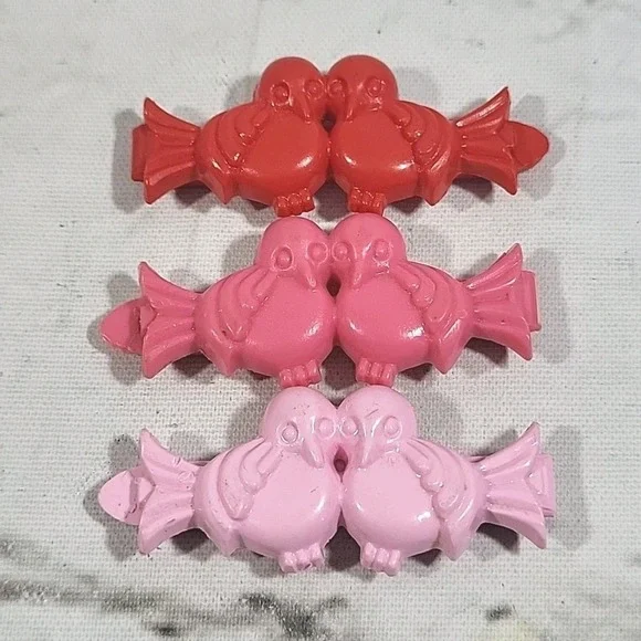 Vintage 80s Goody Snap Tight Barrettes Lot Of 3 Lovebirds Red Pink Hair Clips