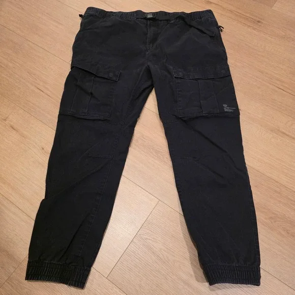 H&M Cargo Joggers Mens XXL Black Slim Fit Water Repellent Utility Pants Belted