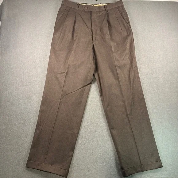 Tom James Filo A Mano Brown Wool Pleated Cuffed Dress Pants Mens 32x32 Tailored