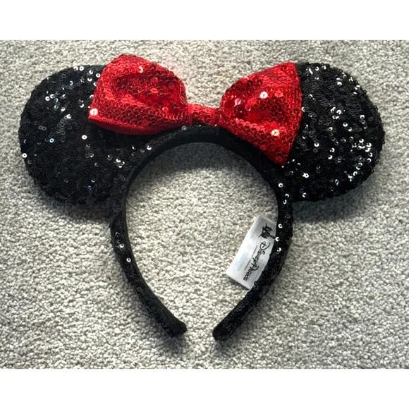 Disney Parks Minnie Mouse Sequin Ears Headband Red Bow Black Sparkle Accessory