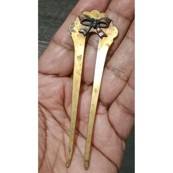 Antique Victorian Brass Bow Black Rhinestone Accent Hair Fork Pin