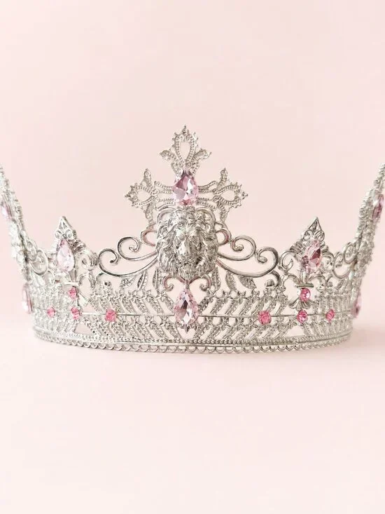 Silver Lion King Crown Pink Crystal Medieval Renaissance Royal Cosplay Tiara