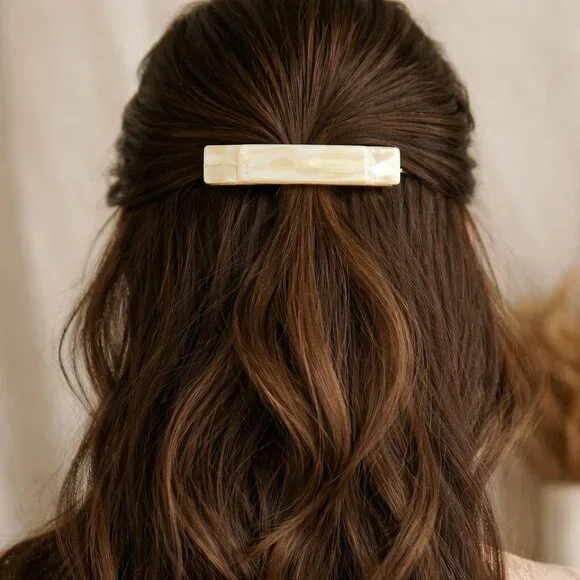 France Luxe Rectangular Barrette Alba Cream Gold Tone 3.5”