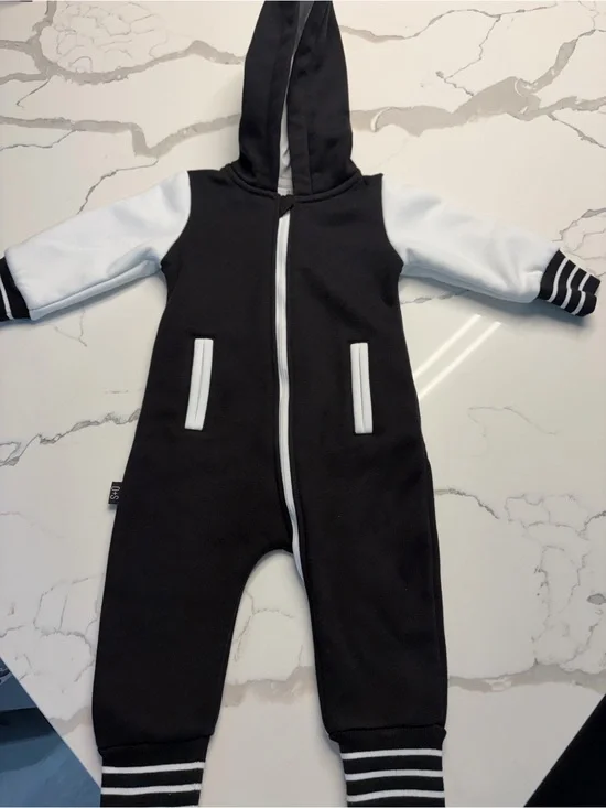 Olive and Scout Black & White Hooded One-Piece Jumpsuit