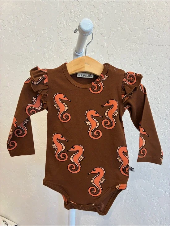 Brown Seahorse Ruffle-Shoulder Baby One-Piece