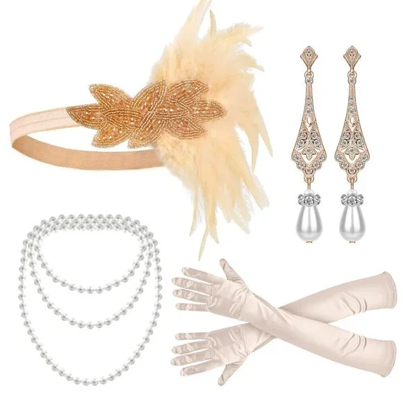 Flapper Accessories 1920s Gatsby Headband Necklace Gloves for Women