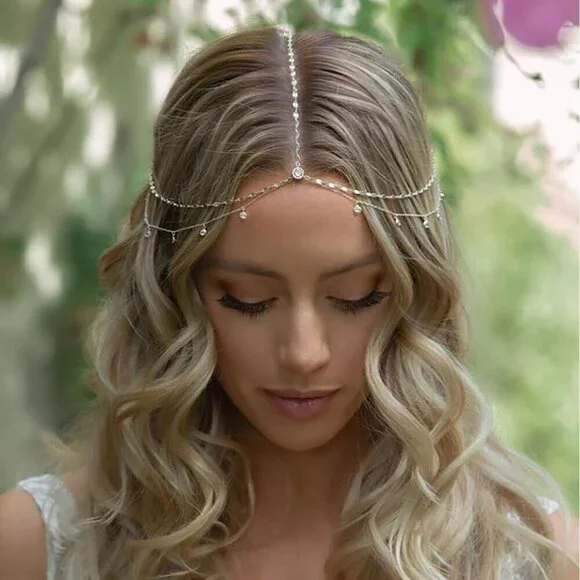 Rhinestone Head Chain Copper Wedding Bridal Headpiece Layered Festival Prom Hair
