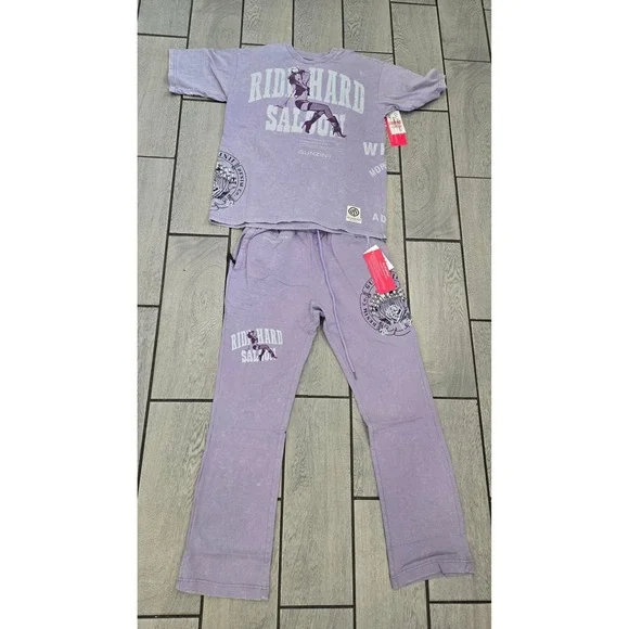 Gunzinii Denim Co Mens Purple Ride Hard Saloon Graphic T-Shirt Sweatpants Set L