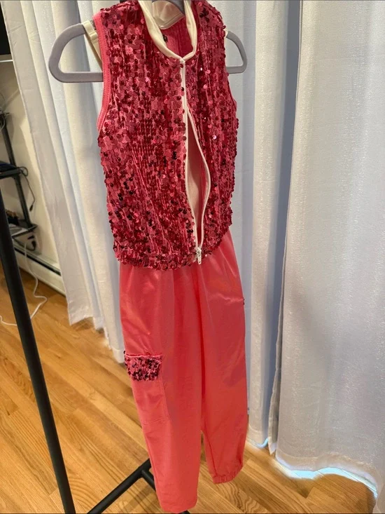 Two-Piece Pink Sequin Vest and Pink-Cream Jumpsuit Set