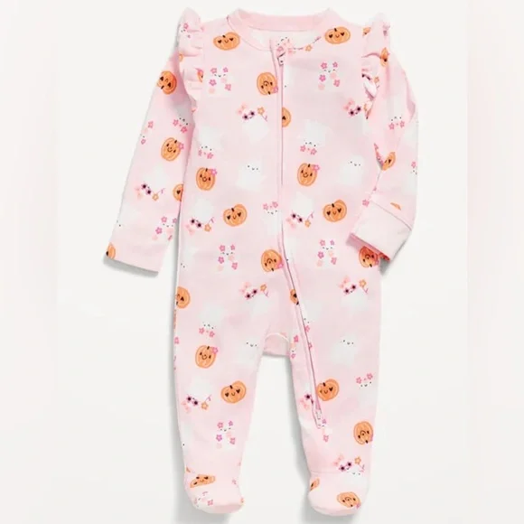 Old Navy Baby Girl Halloween Ghost & Pumpkin 2-Way Zip Footed Sleeper 3–6M
