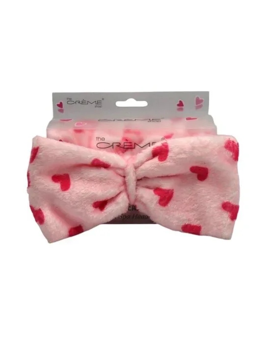 The Crème Shop Teddy Headband Plush Spa Headband Red Hearts on Pink Bow