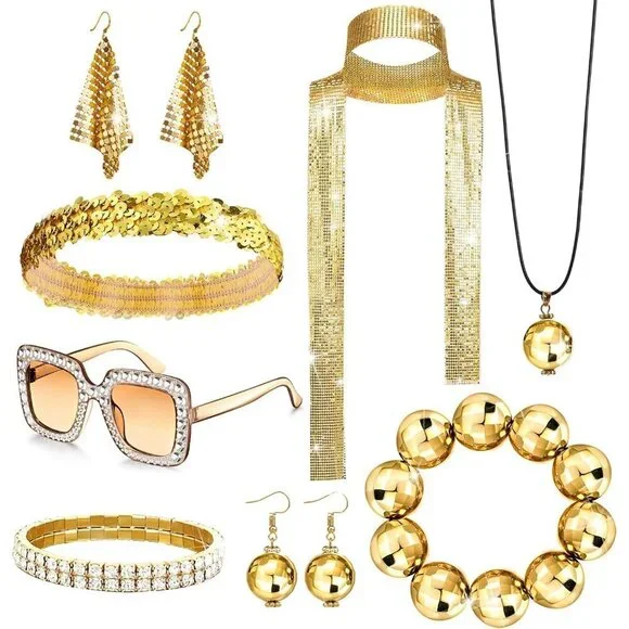 70s Disco Accessories Set Women's Sequin Scarf Earrings Sunglasses Jewelry