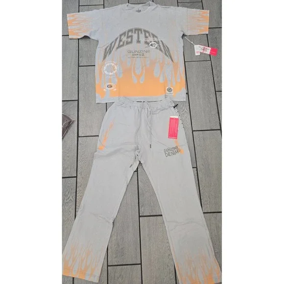 Gunzinii Denim Co Mens Grey Orange Flame Western 11:11 T-Shirt & Pants Set XL