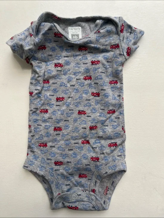 2 Carter's Gray Short-Sleeve Onesie with Red Fire Truck & Blue Car Print