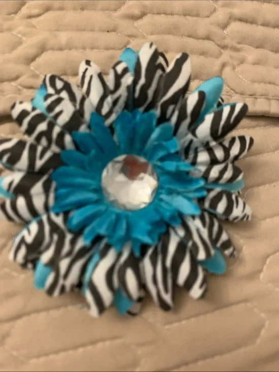 Blue Zebra Floral Hair Clip with Rhinestone Center