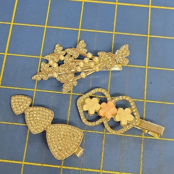 Rhinestone Butterfly Flower Triangle Silver Tone Hair Clips Set of 3