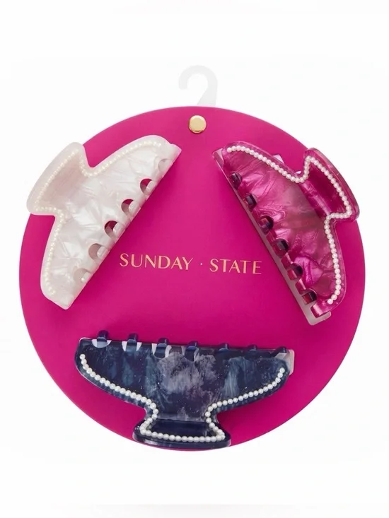 NWT 💙💖 Sunday State Hair claw clips set of 3 embellished with faux pearls