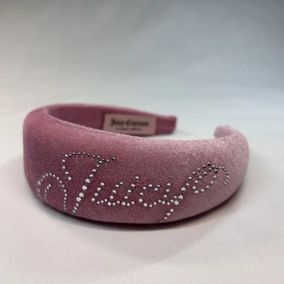 Juicy Couture Pink Velvet Padded Headband Rhinestone Script Logo NWT