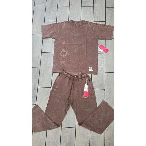 Gunzinii Denim & Co Mens 2XL Brown Mineral Wash Studded T-Shirt and Joggers Set