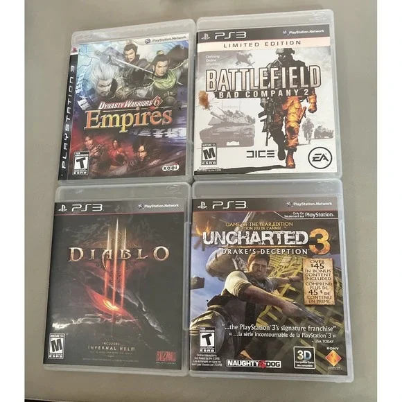 Lot of 4 Sony PS3 Games‎ Uncharted 3 Battlefield Bad Co 2 Diablo Empires
