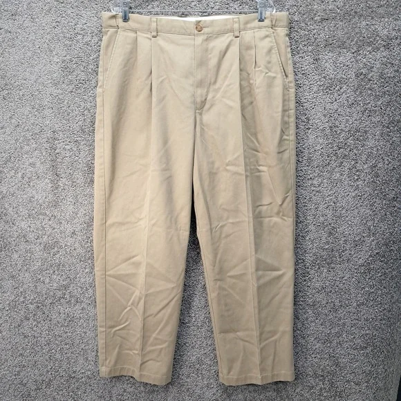 LL Bean Mens Comfort Waist Pleated Chino Pants Tan Khaki 38x30 238076