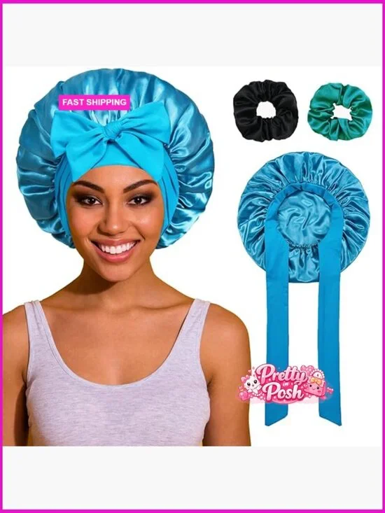 Satin Silk Sleep Bonnet with Adjustable Tie Band, Double Layer