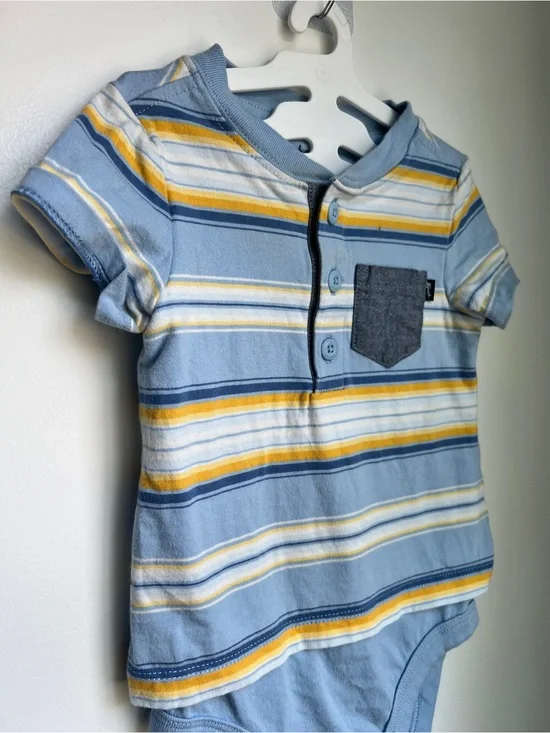 Baby B’gosh 12M Striped Henley Bodysuit Blue Yellow Short Sleeve
