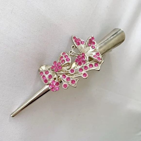 Pink Rhinestone Hair Clip Jewel Bow Butterfly Y2K Prom Coquette Barbie Wedding