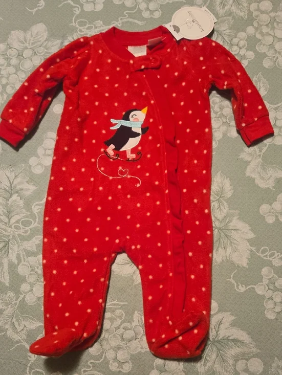 Koala Baby 3-6 months Red zip footie onepiece Skating Penguin