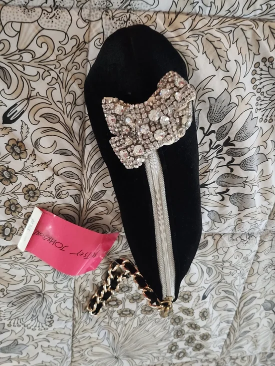 Betsey Johnson Black Velvet Bow with Crystal & Chain Detail Wristlet