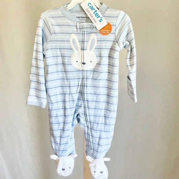 Carter's‎ Just One You Baby Blue Striped Bunny Footed Sleeper Pajamas NWT 9M
