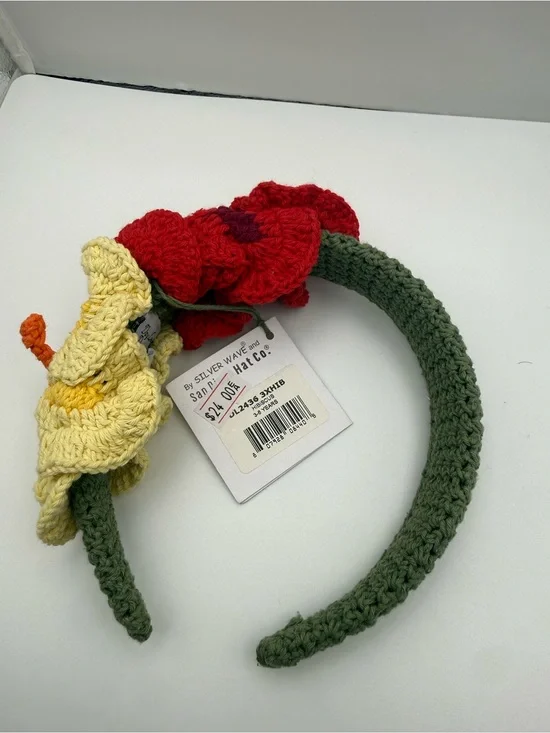 Handmade Crochet Floral Headband in Green with Red & Yellow Flowers