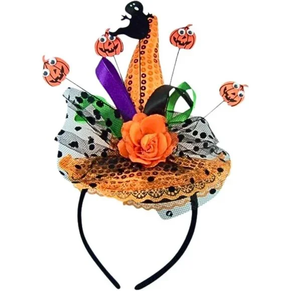 Halloween Witch Hat Headband Kids Adults Tulle Pumpkin Ghost Costume Accessory
