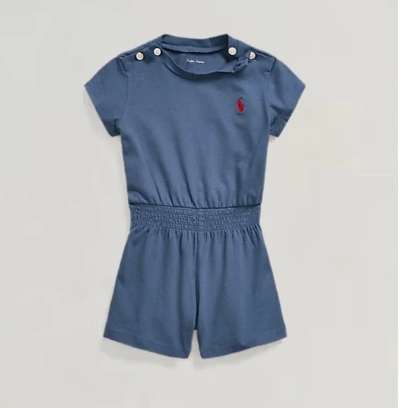 Ralph Lauren Baby Girls Blue Cotton Red Pony Cap Sleeve‎ Playsuit Romper 12M
