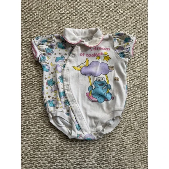 Sesame Street Cookie Monster Romper White Pink 6-9M Infant vintage y2k‎ 90's