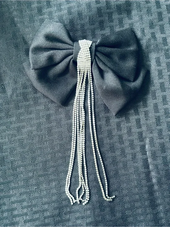 Black Fabric Bow Hair Clip with Rhinestone Tassels