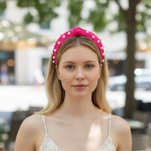 Pink Pearl-Embellished Knotted Headband