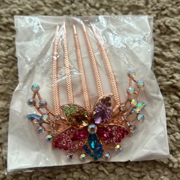 Hair Barette comb Rose Golden crystal rhinestone flower