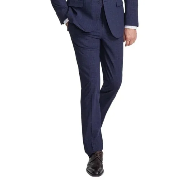 DKNY Mens Modern Fit Dress‎ Pants 37W 32L Navy Blue Plaid