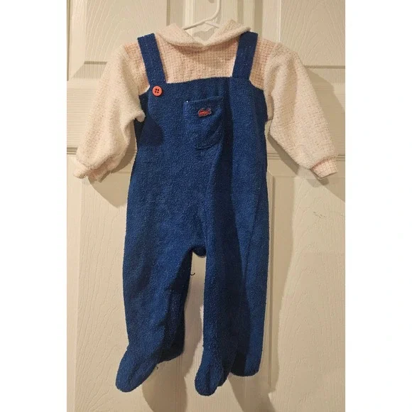 Vintage IZOD Lacoste‎ Fleece Baby Sleeper Overalls 12M Blue Footed 19-27lb Wear